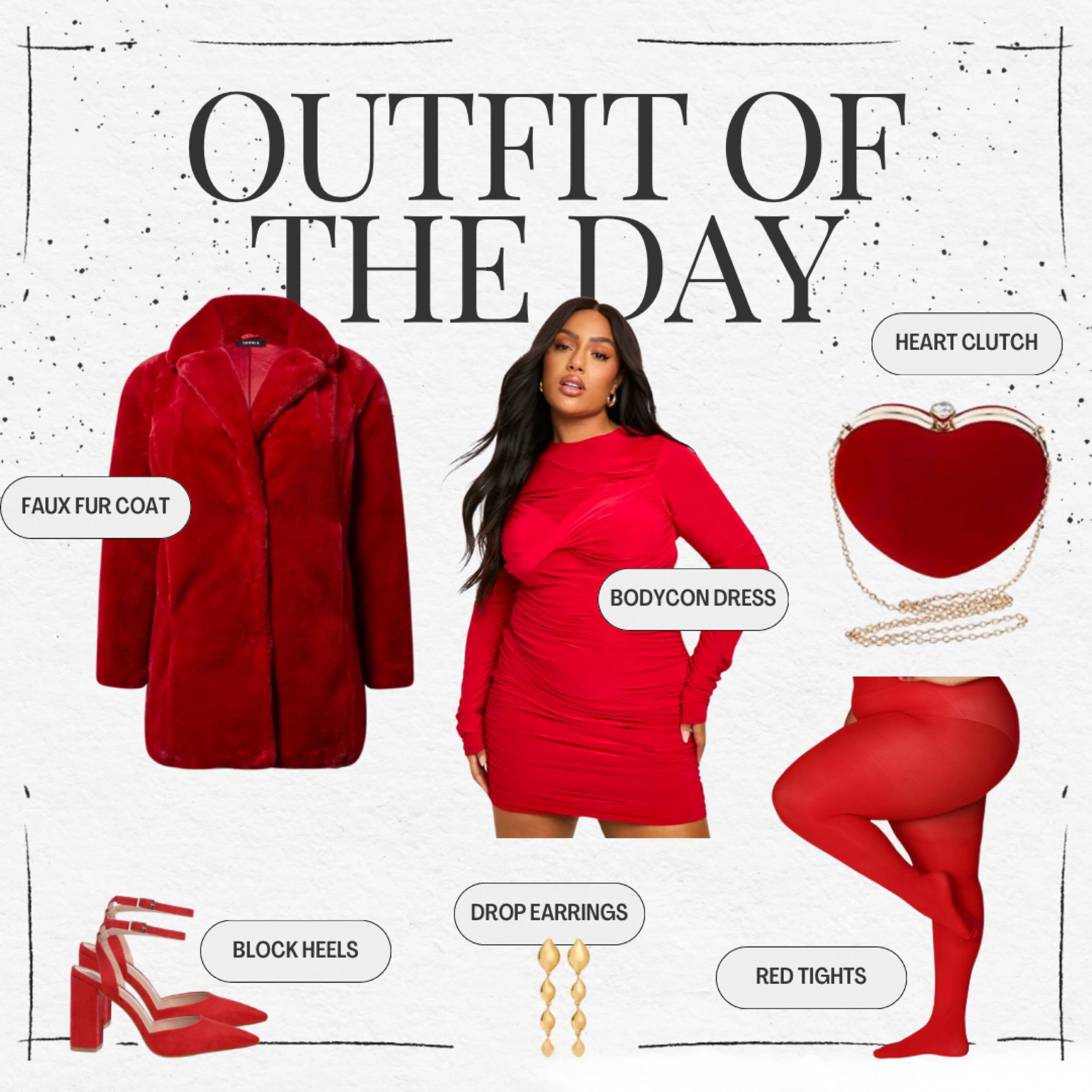 Nothing says Valentine's Day quite like an all-red monochromatic moment! This bold bodycon dress hugs your curves in all the right places, and the ruching detail adds a flattering touch. 

Pair it with these vibrant red block heels to elongate your legs, while red tights ensure a seamless, cohesive vibe. The plush faux fur coat keeps the look elegant and cozy for colder weather, and the heart-shaped clutch adds a playful, romantic accent. 

Gold drop earrings tie it all together with a hint of sparkle. This look is perfect for date night or a Valentine’s event when you want to turn heads and own the room.

#LTKPlusSize #LTKStyleTip