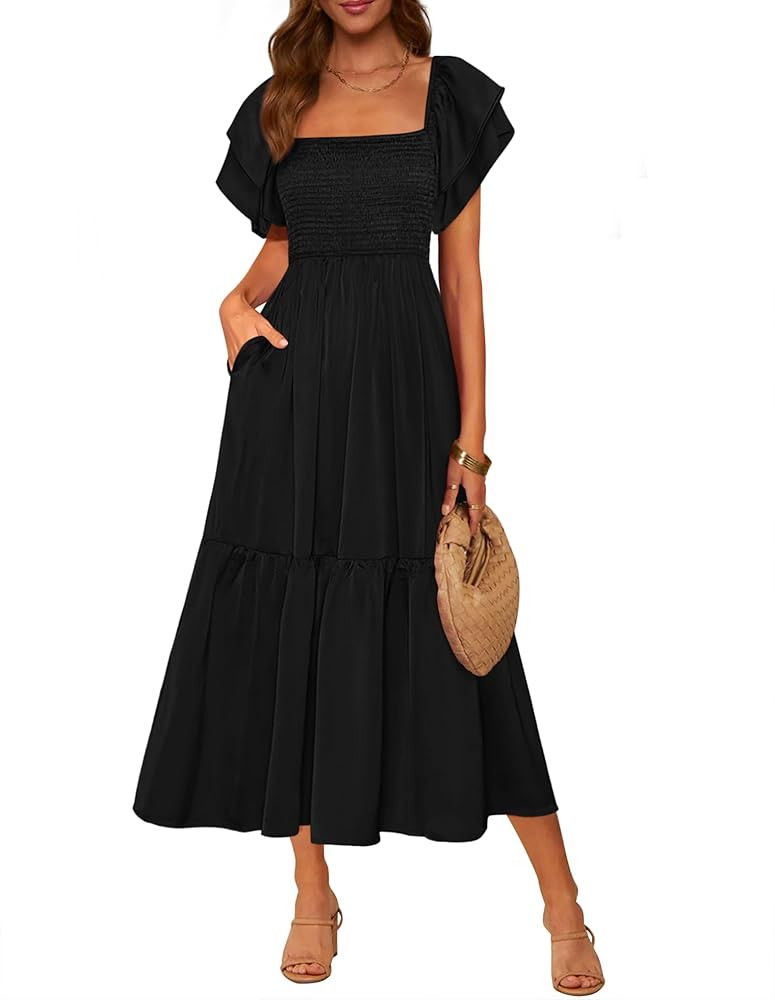 MASCOMODA Womens Summer Casual Midi Dress Square Neck Ruffle Short Sleeve Smocked High Waist A Li... | Amazon (US)