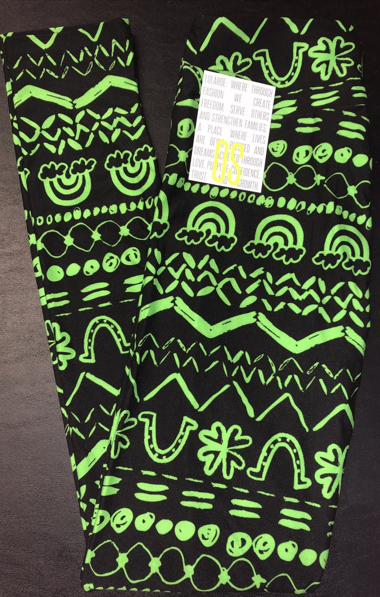 NWT LuLaRoe ONE SIZE OS (2-10) Black Neon Green Horseshoes & Shamrocks Leggings | eBay US