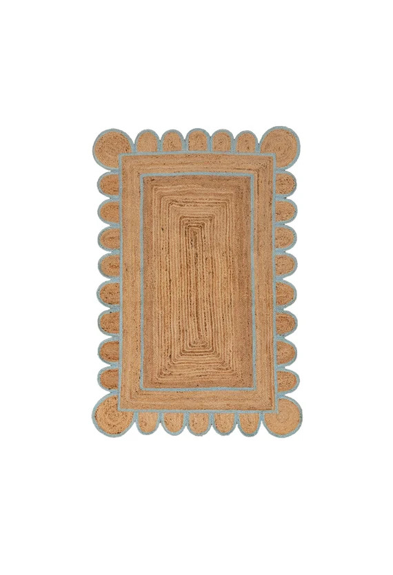 Scalloped Jute Rug, Light Blue Jute Scallop Boho Decor Handmade Rug, Customize in any Size & Shap... | Etsy (US)