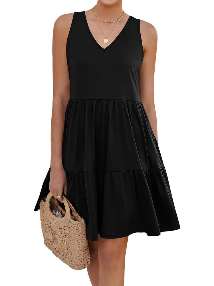 Womens Summer Dresses V Neck Tank Tiered Flowy Mini A Line Casual Sundress with Pockets | Amazon (US)