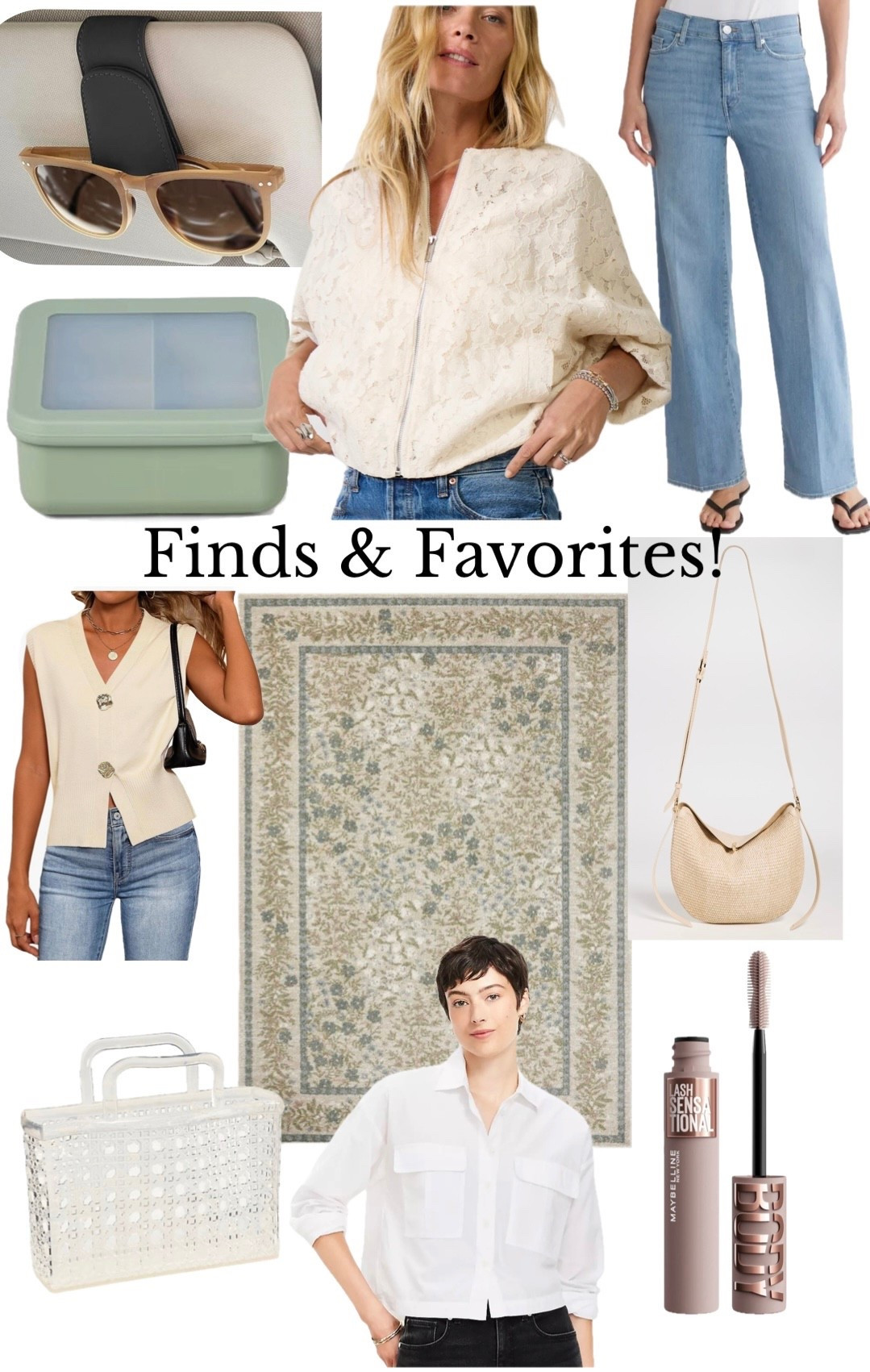 Finds & Favorites…
Visor sunglass holder
Lunchbox container
Lace jacket
High-rise wide leg jeans
Sweat sweater vest
Crossbody bag
Jelly bag
White button up
Mascara ￼

#LTKdayinmylife #LTKOver40 #LTKSaleAlert