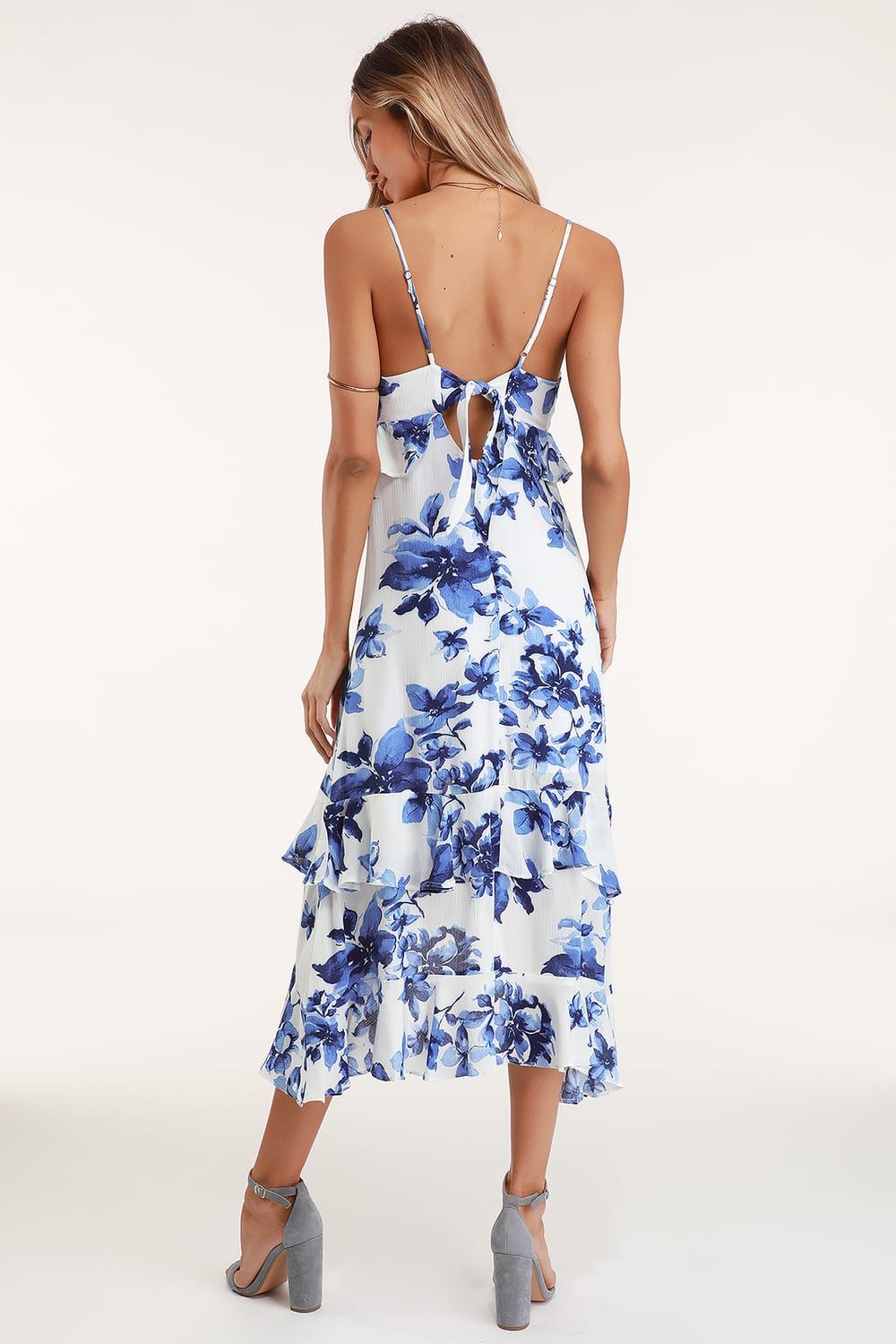 Island Time Blue and White Floral Print Ruffled Midi Dress | Lulus (US)