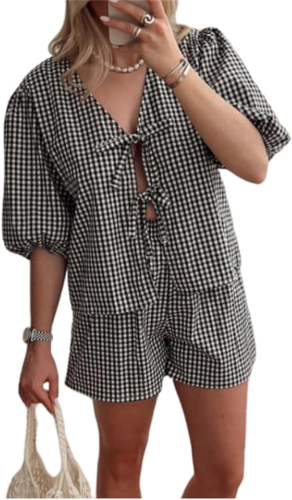 Yuemengxuan Women Y2k Peplum Shirt Shorts Set Two Piece Lounge Set Pajamas Sets Puff Sleeve Tie F... | Amazon (US)