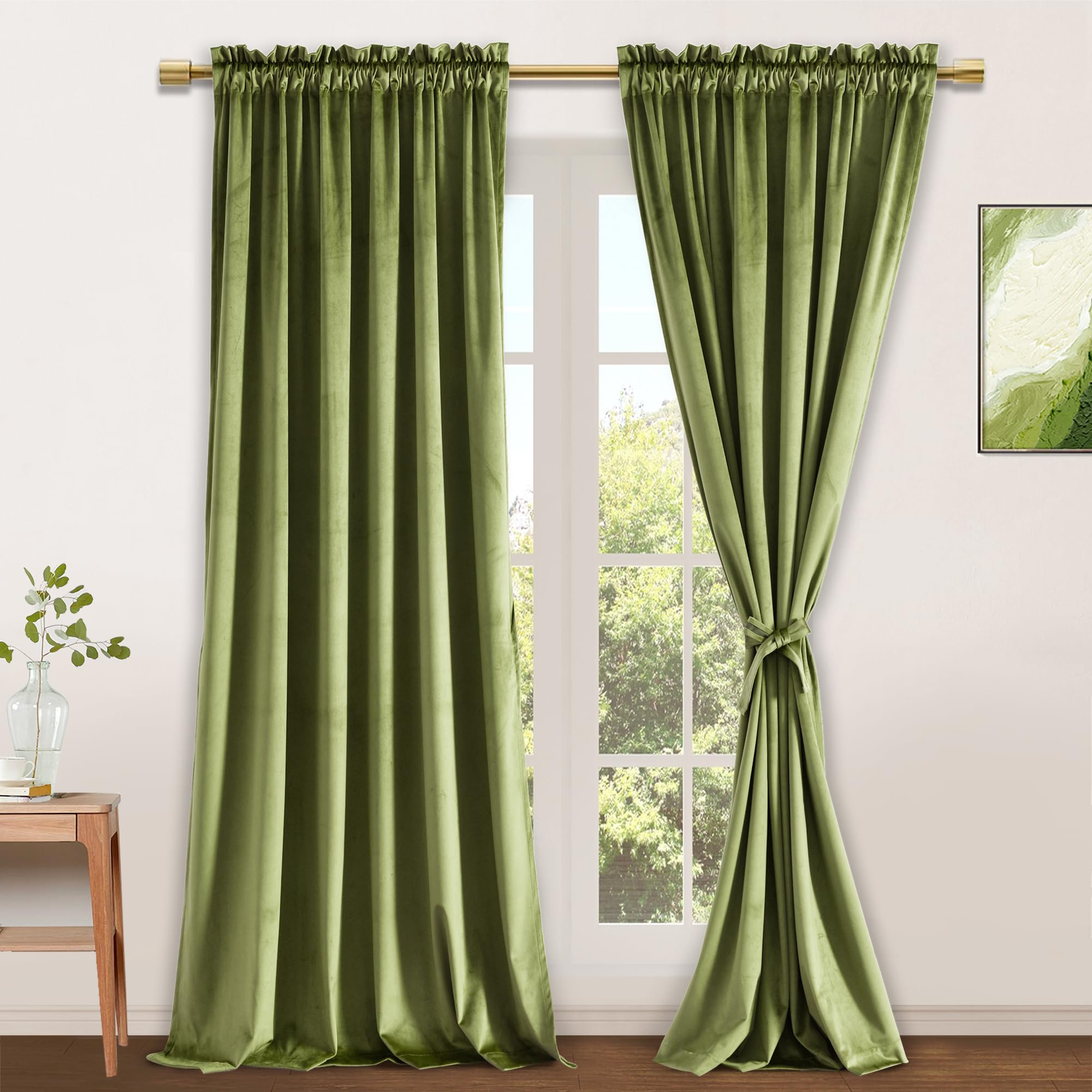 JIUZHEN Moss Green Velvet Curtains 108 inches for Living Room - Soft Retro Blackout Velvet Drapes... | Amazon (US)
