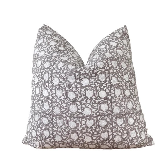 Block print pillow cover.Gray and white floral pillow cover, natural color back | Etsy (US)