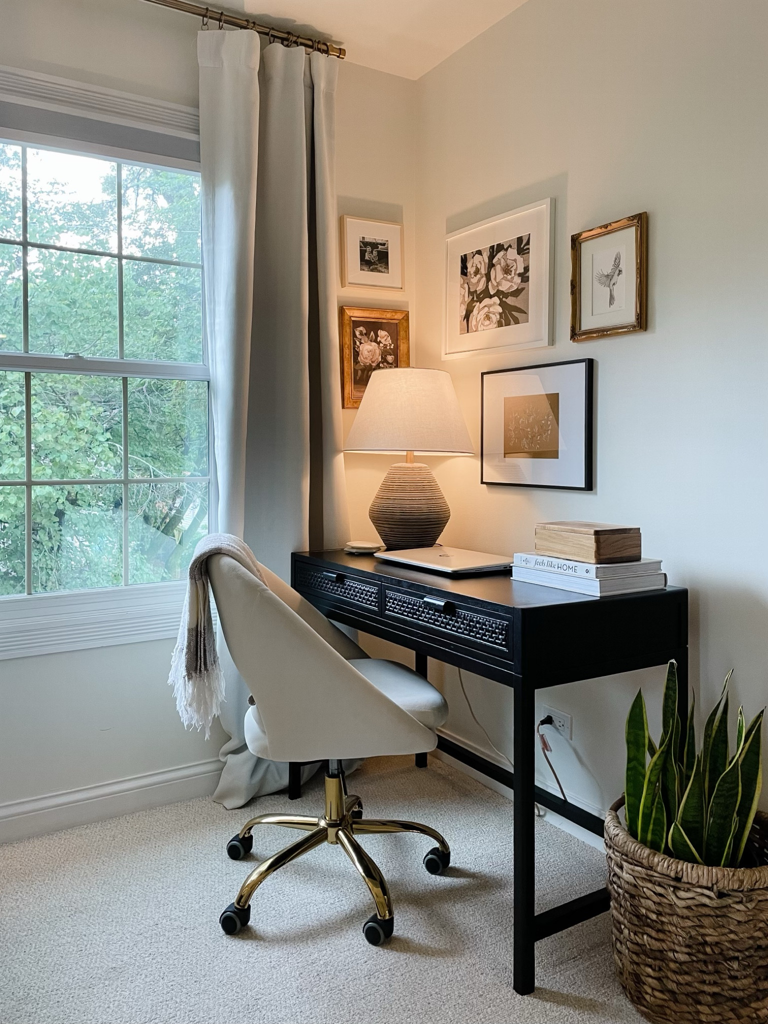Small office desk. Office decor. Home office. Desk. Black wood desk. White desk chair. Wooden box. Digital art. Matted frames. Picture frames. Gallery wall frames. Basket. Target decor. Studio McGee decor. 

#LTKunder50 #LTKhome #LTKstyletip