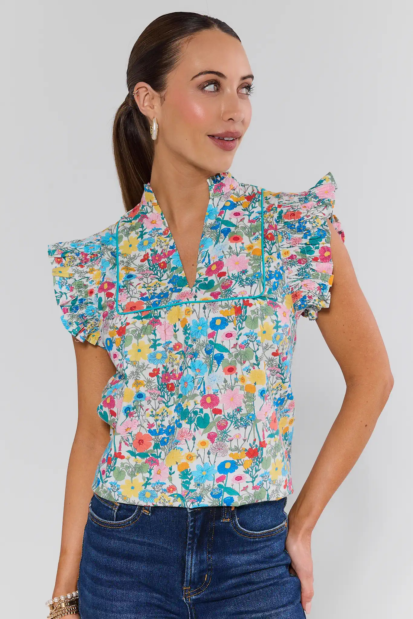 Audrey Multi Floral Flutter Sleeve Top | Avara