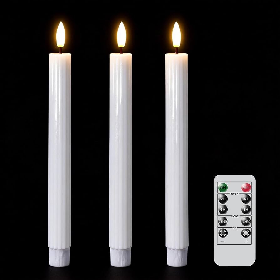 White Flameless Flickering Taper Candles Battery Operated with Remote and Timer, 3D Wick Real Wax... | Amazon (US)