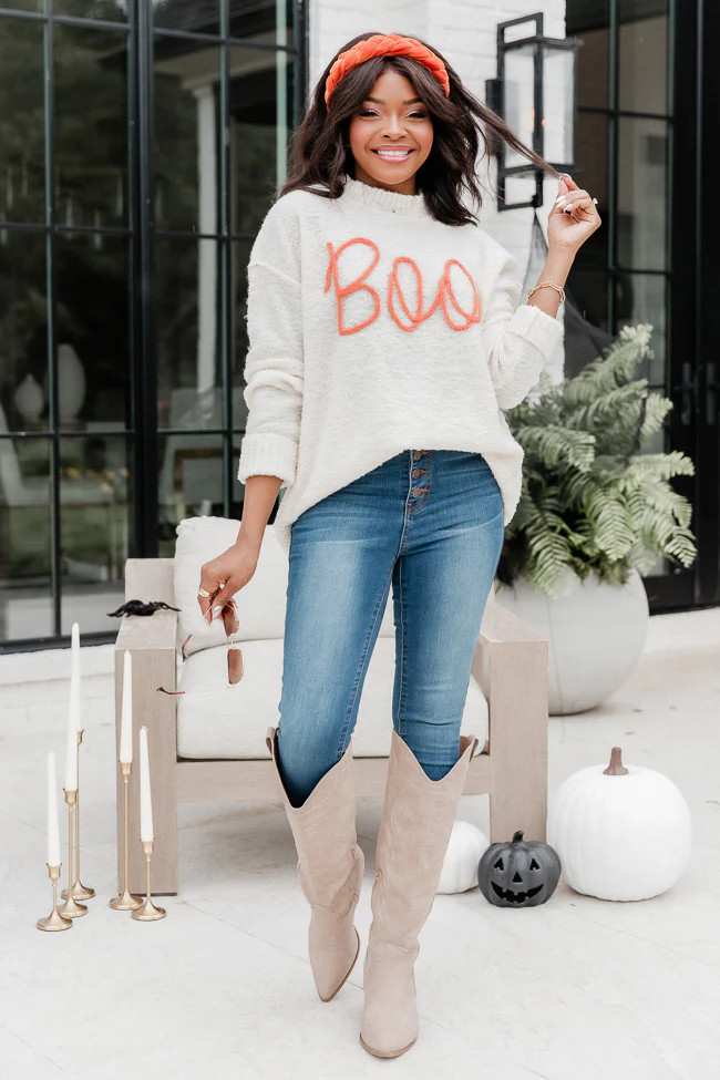 Boo Tencel Ivory Embroidered Sweater | Pink Lily