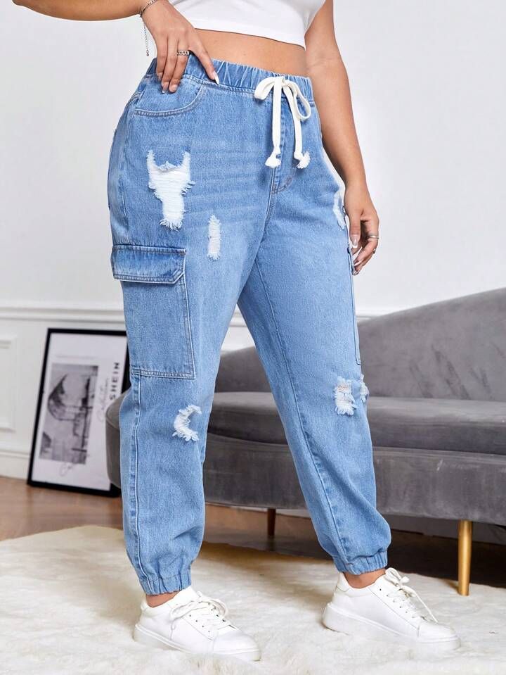 SHEIN EZwear Plus Drawstring Waist Ripped Flap Pocket Side Cargo Jeans | SHEIN