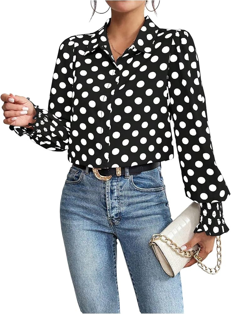 WDIRARA Women's Polka Dots Button Down Shirt Ruffle Bishop Long Sleeve Top Blouse | Amazon (US)