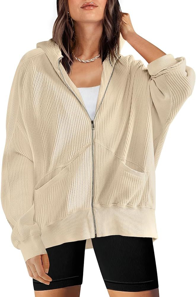 ANRABESS Women's Oversized Zip Up Hoodies Long Sleeve Waffle Knit Casual Jackets Outerwear 2023 F... | Amazon (US)
