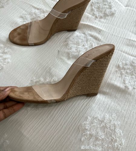 These wedge heels are perfect for spring! Wedding guest outfit accessories. Slide on heels. Wedge heels. Strappy clear heels. 

#LTKsalealert #LTKshoecrush #LTKover40