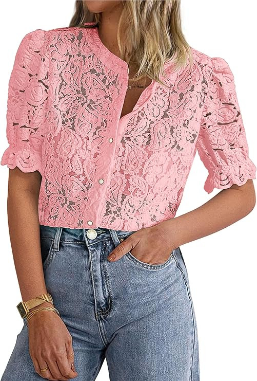PRETTYGARDEN Womens Summer Lace Tops Short Puff Sleeve Casual Dressy Blouses Eyelet Crew Neck But... | Amazon (US)