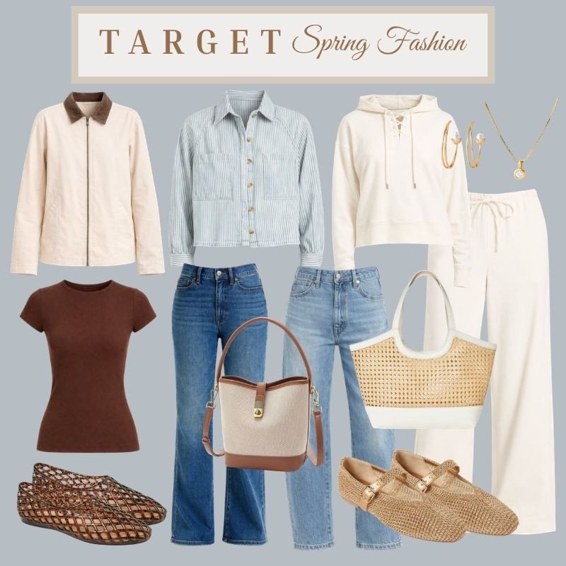 Target spring fashion finds in the prettiest neutral tones 🤍 Loving these easy pieces like the barn jacket, striped button-up, relaxed denim, and comfy knit sets. Finished with woven accessories and classic flats for an effortless everyday spring look.

// Target Spring Fashion, Target New Arrivals, Barn Jacket, Striped Button Up Shirt, Cropped Hoodie Sweatshirt, Brown Fitted Tee, Straight Leg Jeans, Light Wash Jeans, Knit Lounge Set, Wide Leg Sweatpants, Woven Tote Bag, Crossbody Bucket Bag, Woven Ballet Flats, Neutral Accessories, Casual Spring Outfit Ideas, Minimal Chic Style, Capsule Wardrobe Pieces, Everyday Chic Look, Effortless Spring Style, Target Fashion Finds, 2026 Spring Fashion Trends 

 #LTKSpringSale #LTKootd #LTKSeasonal