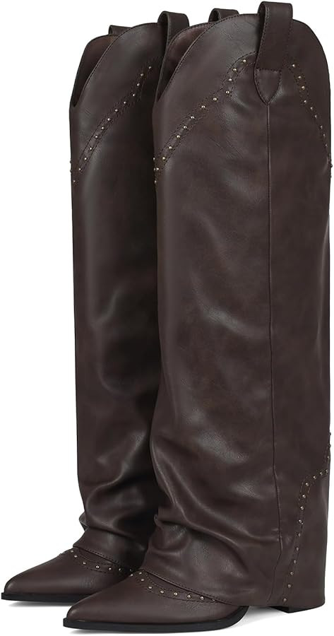 EQAUDES Women's Shark Studded Fold Over Knee High Boots Tall Pull-on Snip Toe Cowboy Cowgirl Slou... | Amazon (US)