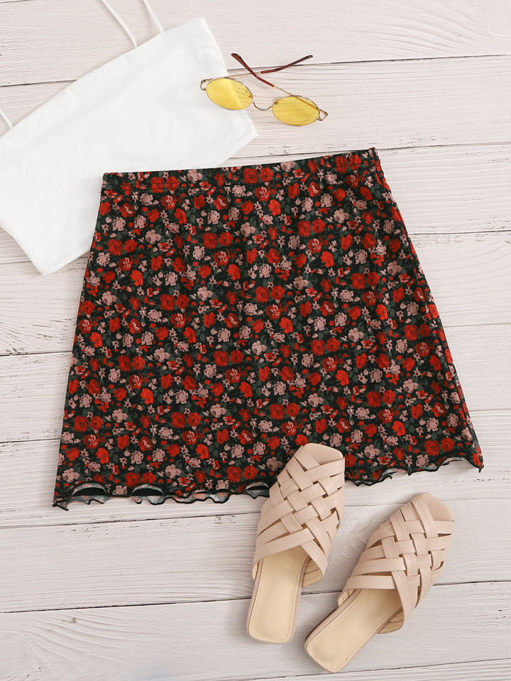 SHEIN WYWH Lettuce Trim Ditsy Floral Print Skirt | SHEIN