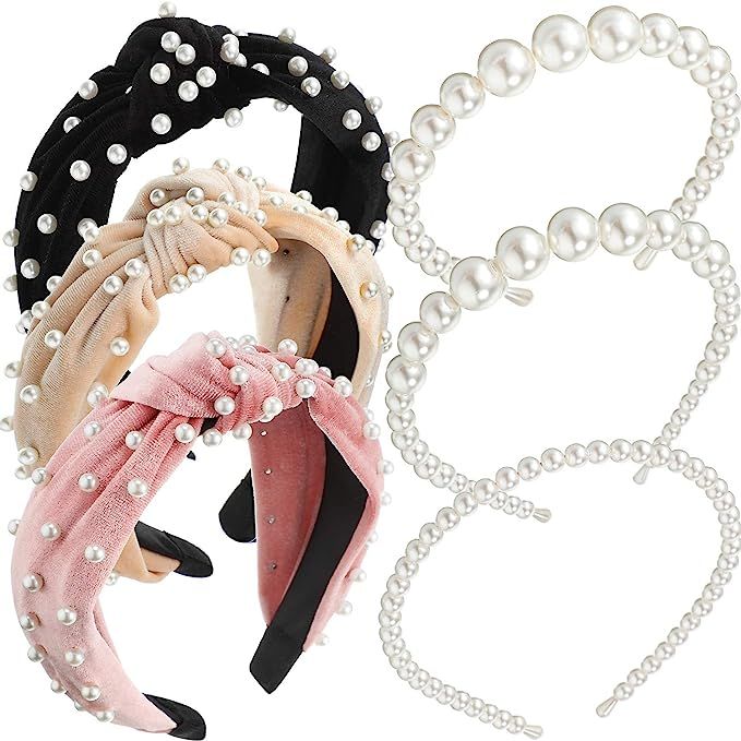6 Pieces Pearl Headbands Velvet Wide Pearl Hair Bands Knot Turban Headband Bridal Hair Hoop Vinta... | Amazon (US)