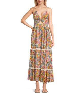 Angie Floral Print V-Neck Sleeveless Knot Front Tiered Crochet Trim Maxi Dress | Dillard's | Dillard's