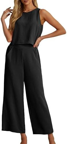 IWOLLENCE Women's Summer 2 Piece Outfits Set Round neck Sleeveless Tank Crop Top Wide Leg pants S... | Amazon (US)