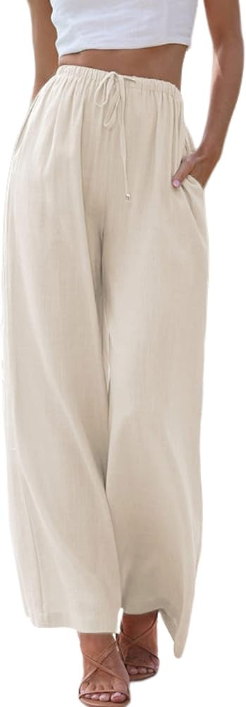 Tanming Wide Leg Linen Pants for Women Summer Flowy High Waisted Beach Palazzo Trousers | Amazon (US)