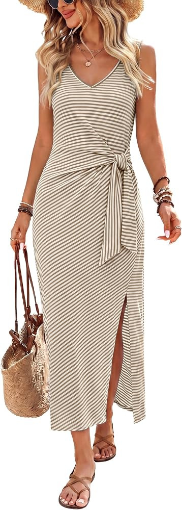 OFEEFAN Summer Dresses for Women 2026 V Neck Sleeveless Casual Dress Elegant Work Long Midi Dress... | Amazon (US)