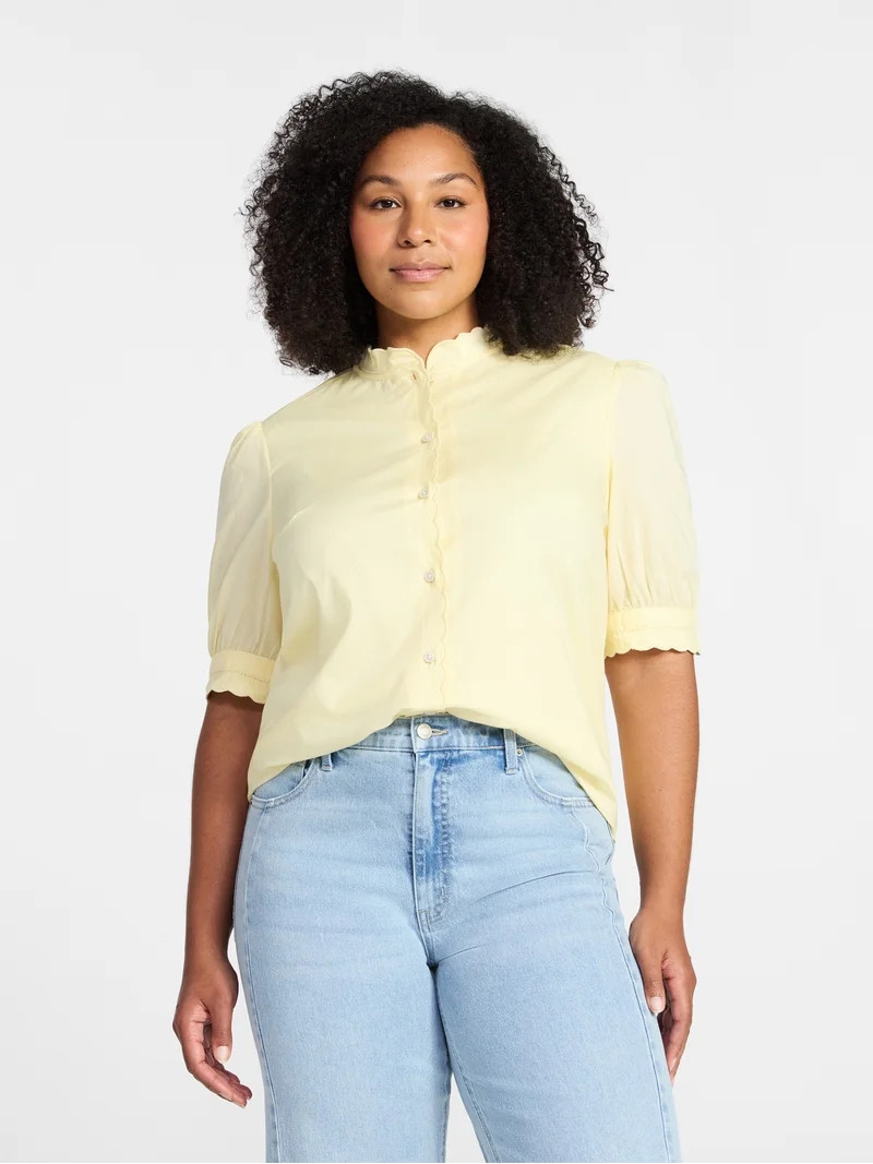 Time and Tru Women's Cotton Scalloped Edge Blouse with Short Sleeves, Sizes XS-XXXL | Walmart (US)