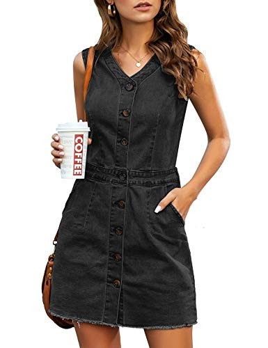 luvamia Women's Casual V Neck Sleeveless Jeans Button Down Denim Short Dresswomens Jean Dress Sleeveless Denim Dress Black Dress Black Dresses for Women Black Dress for Women Black Size Medium | Amazon (US)