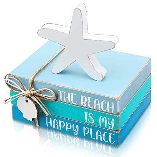 Pinkunn 4 Pcs Beach Table Decor Starfish Seashell Coastal Wooden Block Sign Centerpiece Rustic Nautical Decorative Signs & Plaques for Home Office Desk Shelf Farmhouse Home Living Room(Starfish Shell) | Amazon (US)
