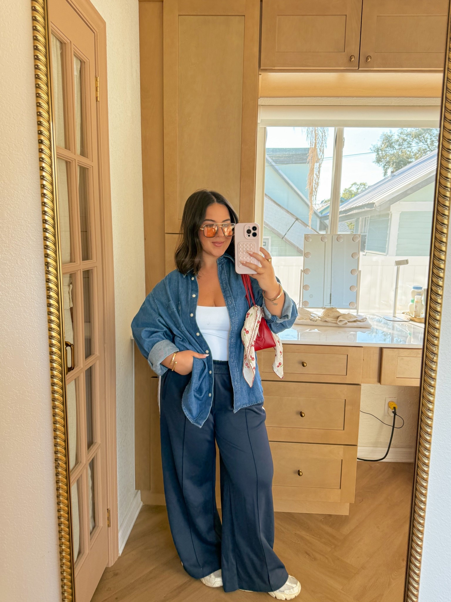 the perfect casual fall fit 🍒🍂 wearing a M in the tank, M petite in the denim top & M petite in the track pants! // fall outfit ideas, fall fashion, denim shirt

#LTKMidsize #LTKPetite #LTKSeasonal