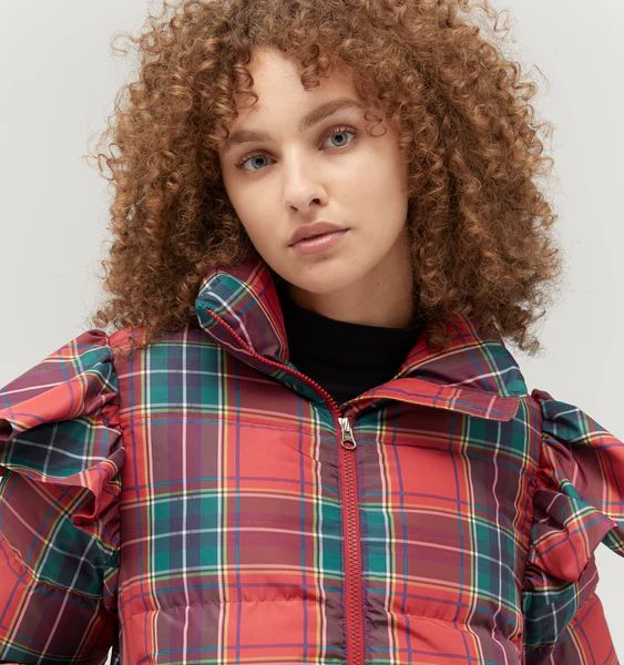 The Violet Ruffle Sleeve Puffer Jacket - Red Tartan | Hill House Home