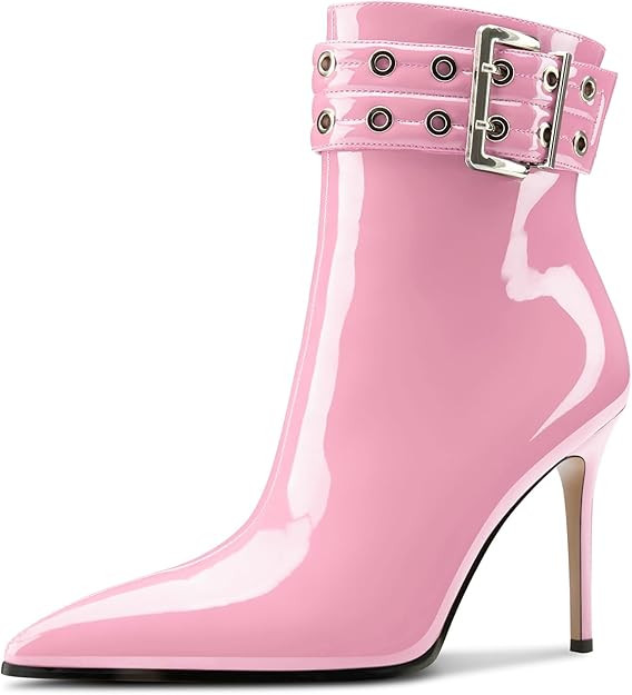 Aachcol Womens Pointed Toe Stiletto Heel Buckle Ankle Boots Patent Leather High Heel Mid Calf Zip... | Amazon (US)