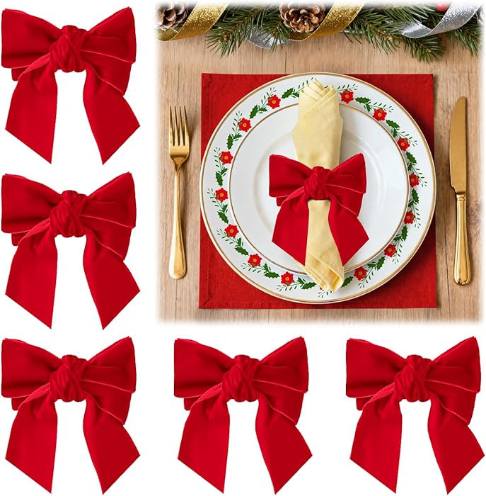 Red Velvet Bow Christmas Napkin Rings Set of 6 - Beautiful Napkin Holder Rings for Holiday Dinner... | Amazon (US)