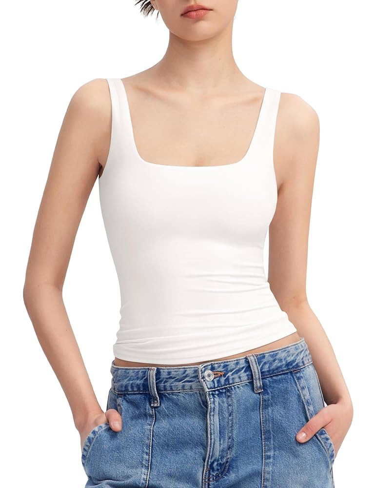 PUMIEY Women's Square Neck Tank Top Sleeveless Double Lined Basic Tops Sharp Collection | Amazon (US)
