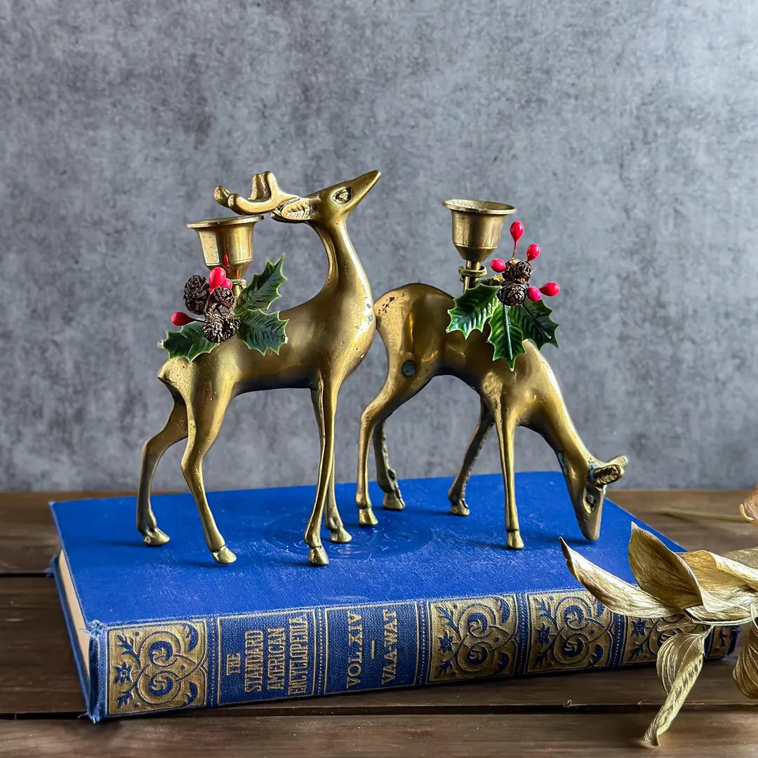 Vintage Brass Reindeer Candle Holders Pair – Christmas Holiday Decor With Holly Accents - Etsy | Etsy (US)