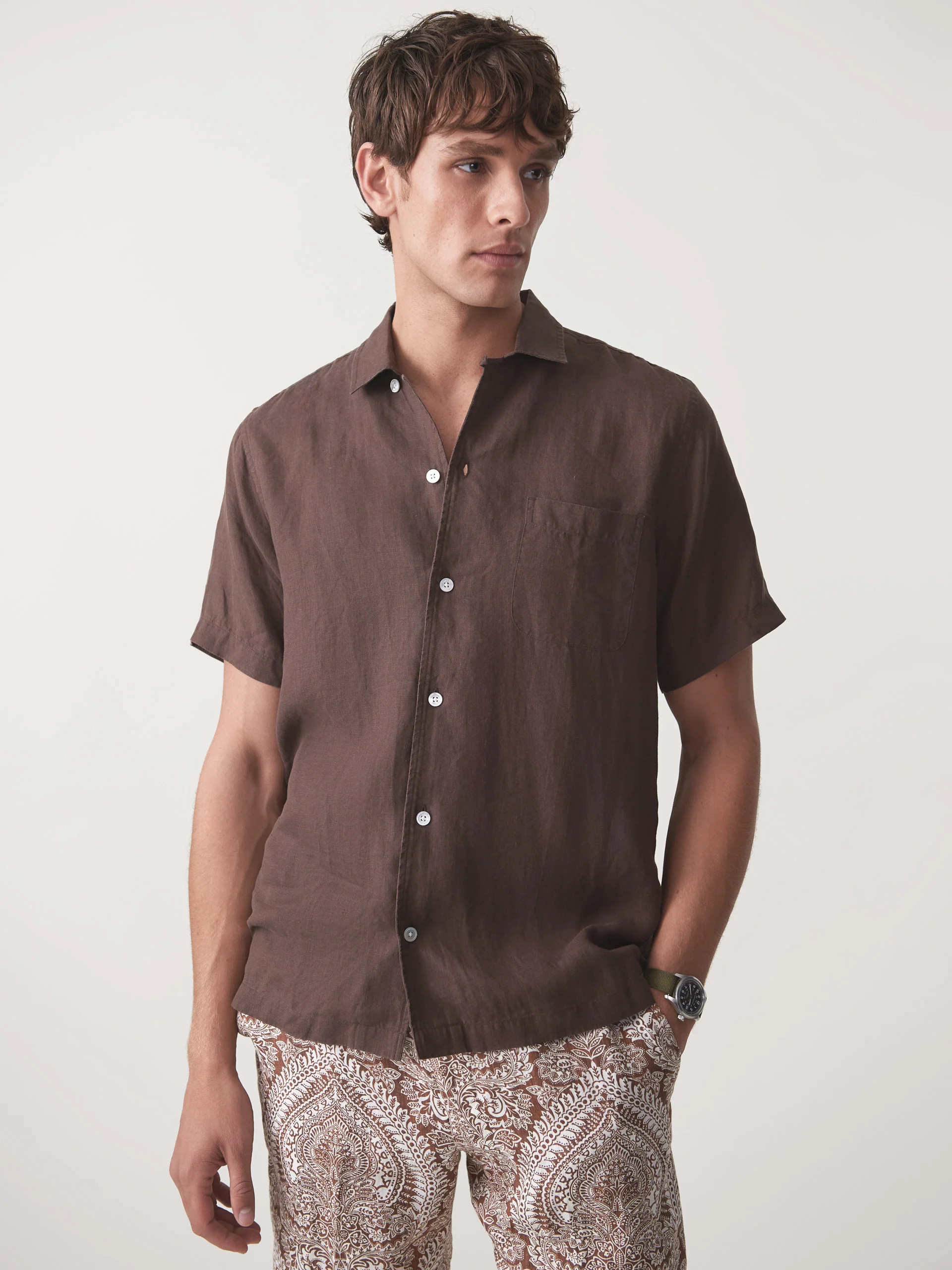 J.McLaughlin Men's Irons Linen Shirt Brown, Size Medium | J.McLaughlin