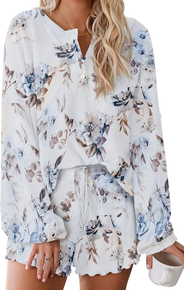 Women's Tie-Dye Pajama-Sets Long-Sleeve Tee Tops and Ruffle Short PJ Set Loungewear Nightwear Sle... | Amazon (US)