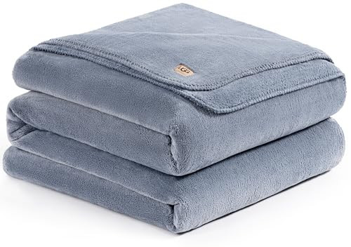UGG Plush Full/Queen Blanket, Fleece Fluffy Blanket for Bed, Luxury Cozy Oversized Throw for Couch, Washable Hypoallergenic Queen Bedding, 90" x 90", Denim Blue (Whitecap) | Amazon (US)