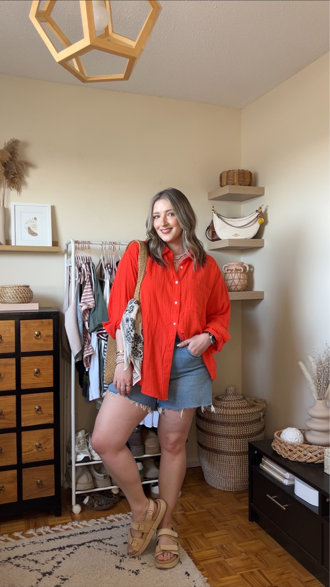 Casual colorful summer outfit! Wearing L in the bright button up shirt. Wearing 32 in the denim shorts (I recommend sizing up!) Linked similar sandals

#LTKsummer #LTKsale #LTKmidsize