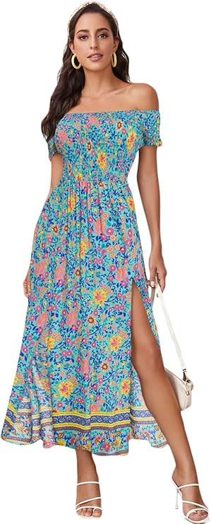 Floerns Women's Boho Floral Print Off Shoulder Split Long A Line Dress | Amazon (US)