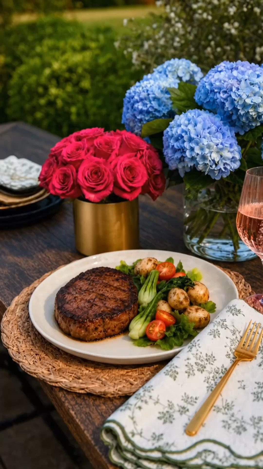 Dinner is served. ✨ One of my favorite ways to enjoy these last summer evenings—an outdoor table set with blue hydrangeas, rich red roses, pink glassware, scalloped linens, and a simple steak dinner.

The mix of blue, red, soft pink, warm brass, and natural woven texture feels polished without being overly formal, perfect for a late-summer dinner that can easily carry into the beginning of fall.

Shop the tabletop, wine glasses, linens, placemats, dinnerware, flatware, floral arrangement, and more.

#OutdoorDining #DinnerIsServed #SummerDinner #LateSummer #Tablescape #TableSetting #Dinnerware #TableLinens #WineGlasses #Drinkware #Hydrangeas #Roses #FlowerArrangement #OutdoorEntertaining #LTKHome #LTKSeasonal

#LTKdayinmylife #LTKHome #LTKSaleAlert