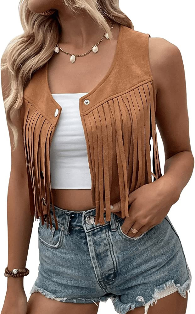 SweatyRocks Women's Suede Fringe Trim Sleeveless Crop Vest Jacket Button Front Coat | Amazon (US)