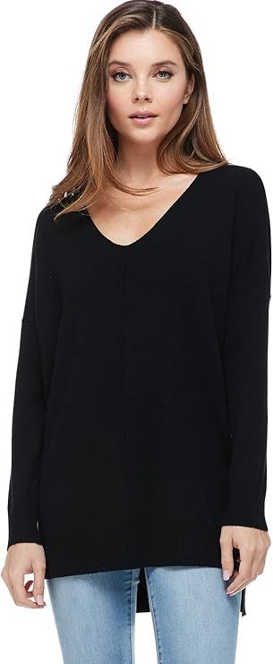 A+D Women's Oversized Extra Soft V-Neck Pullover Sweater Long Sleeved Sweater Top with Hi-Low | Amazon (US)