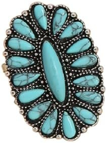 Bohemian Vintage Turquoise Oval Flower Rings Geometric Ethnic Natural Stone Adjustable Silver Joi... | Amazon (US)