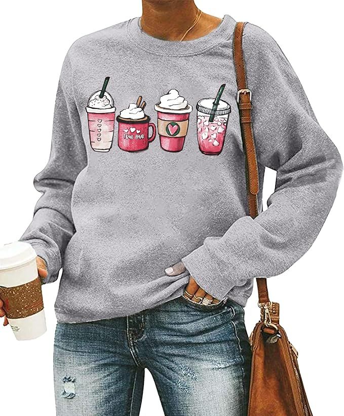 VVNTY Valentine's Day Sweatshirt Women Valentine Coffee Shirts Cute Coffee Heart Graphic Pullover... | Amazon (US)