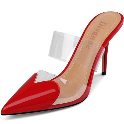 Divanne Women's Heart Heeled Mules Pointed Toe Mule Pumps High Heel Mules Slip On Clear Heeled Sandals-Red-11M US | Amazon (US)