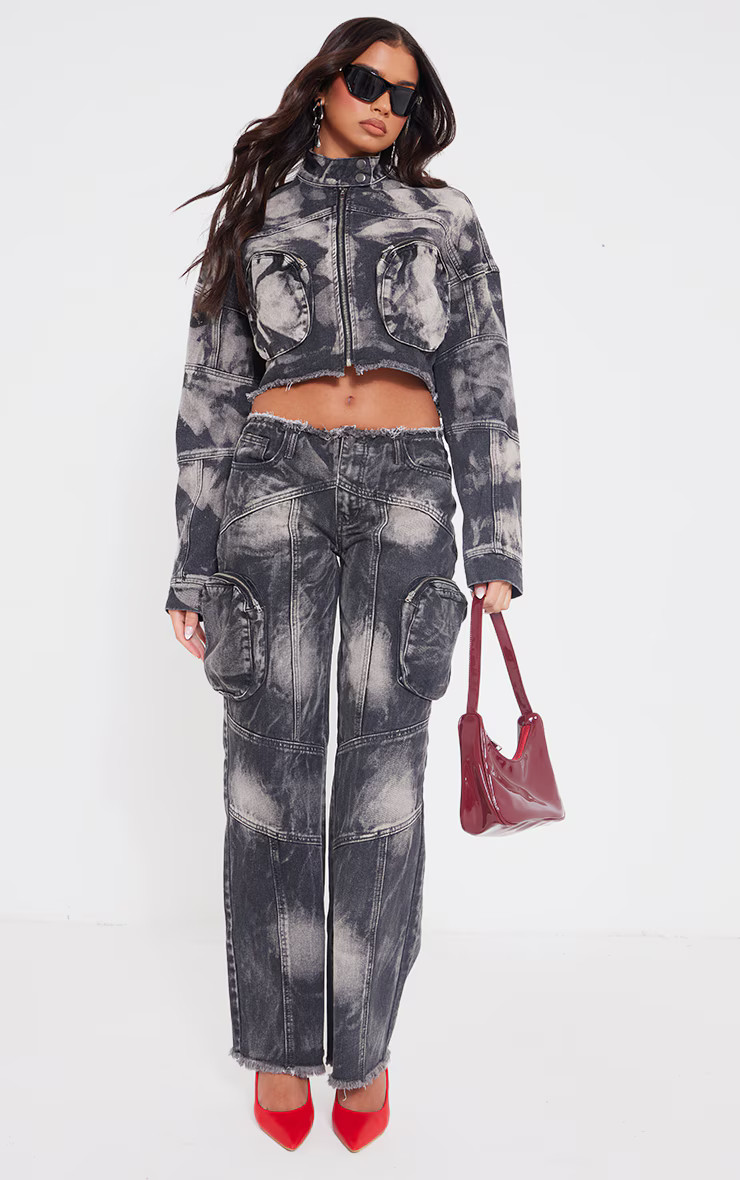 Washed Black Bleach Detail Cargo Pocket Wide Leg Jeans | PrettyLittleThing UK