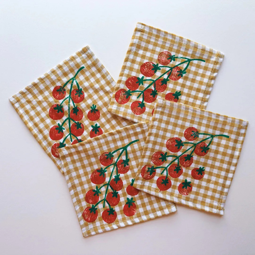 Linen Cocktail Napkins. Tomatoes on Mustard Gingham. Hand Block Printed. Boho Decor. Hostess or H... | Etsy (US)