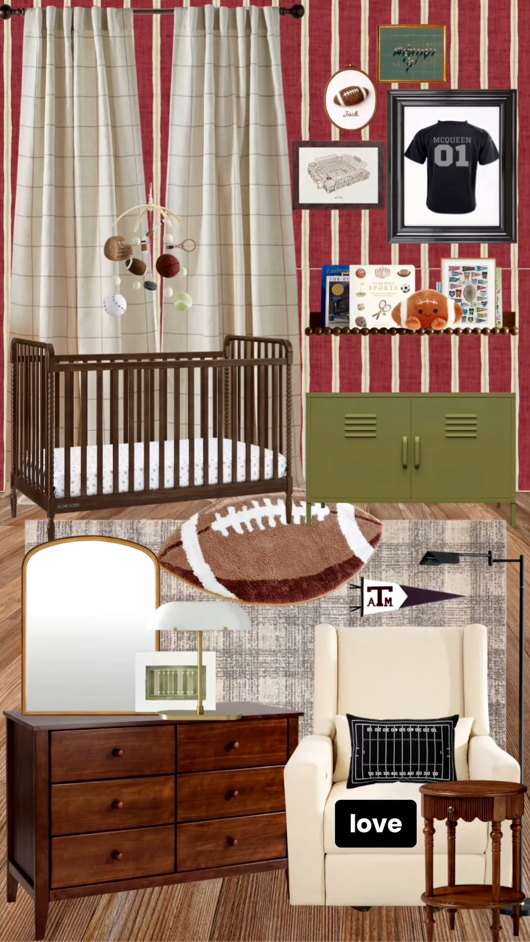 Cozy vintage football nursery 🏈

Sharing all the pieces from this vintage football nursery design! We started with a beautiful vintage nursery foundation and layered in football nursery decor with subtle nods to the Raiders and Texas A&M to make the space feel extra personal.

This boys nursery mixes cozy textures and vintage details like a plaid nursery rug layered with a football accent rug, nursery curtains, locker-style cabinet, gallery wall decor, and nursery shelf styling.

If you’re looking for football nursery ideas, vintage boys nursery decor, or cozy nursery inspiration, you can shop all the nursery furniture and decor pieces from this room below.

#LTKBaby #LTKBump #LTKHome